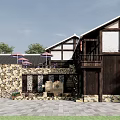 Traditional Boutique Guesthouse Building With Stone Wall Wooden Frame And Outdoor Umbrella Area