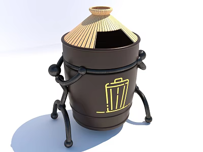 Public Trash Bin With Bamboo Woven Lid Black Barrel Yellow Trash Icon Metal Stand Design 3d model