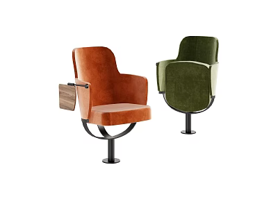 Orange And Green Velvet Office Chairs With Armrests Wooden Tray And Metal Base 3d model