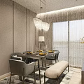 Elegant Dining and Living Room Interior with Chandelier Round Mirror and Table Setting