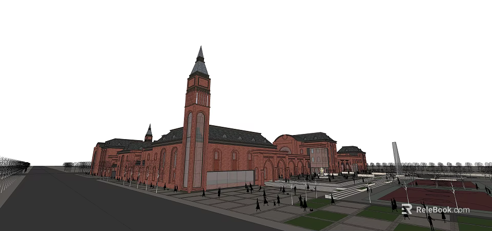 European Style Classical Architecture With Red Brick Walls Arched Windows And Spire 3d model 