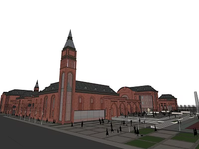 European Style Classical Architecture With Red Brick Walls Arched Windows And Spire 3d model