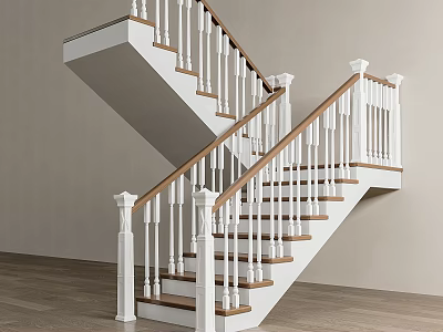 Modern Home Interior Stairs Design With White Railings And Wooden Steps 3d model