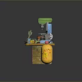 Weapon Workshop Workbench With Tools Green Drill Blue Equipment And Yellow Bottle 3d model