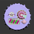 Delicious Strawberry Cake With Tiered Dessert Stand And Pink Teapot On Purple Tablecloth