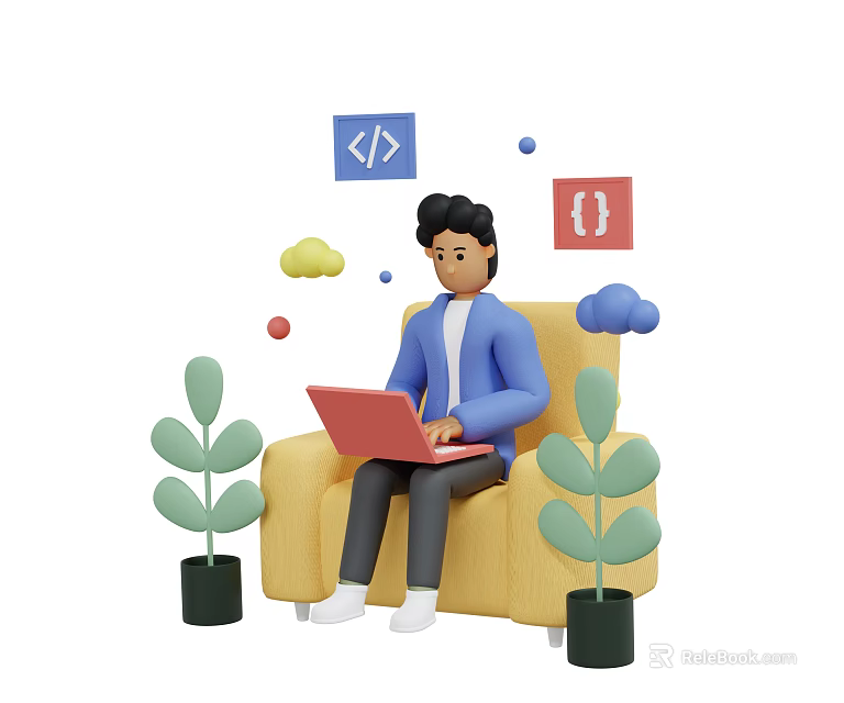 Man Using Red Laptop On Yellow Sofa With Green Plants And Floating Code Symbols 3d model 