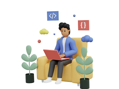 Man Using Red Laptop On Yellow Sofa With Green Plants And Floating Code Symbols 3d model