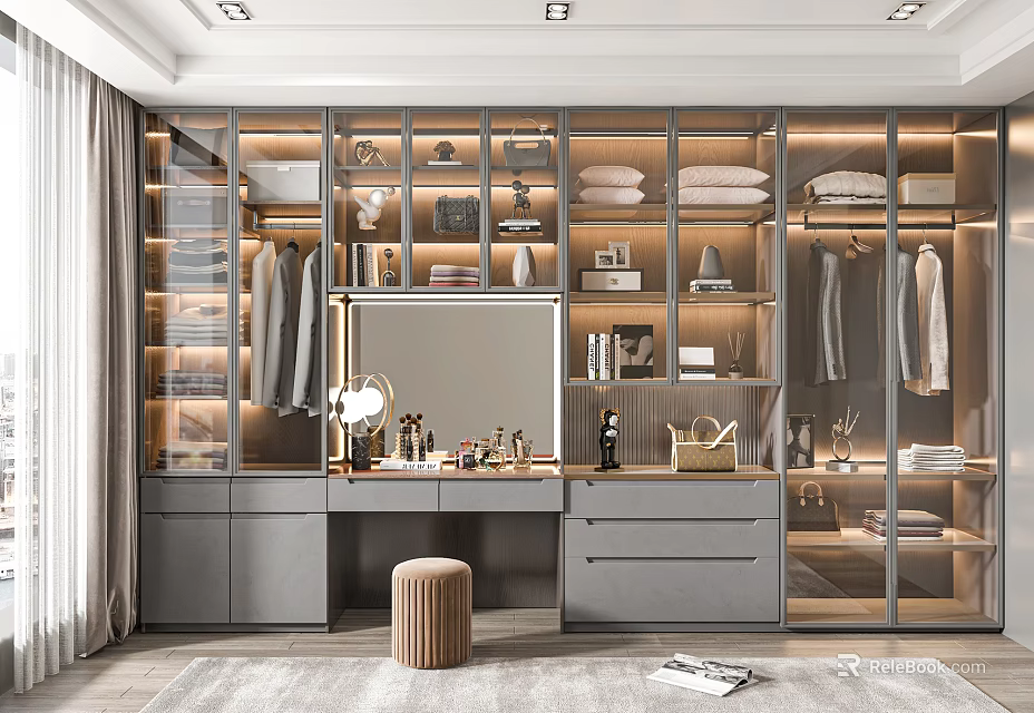Modern Walk in Closet Design With Glass Door Cabinets Hanging Clothes And Dressing Table Mirror 3d model 