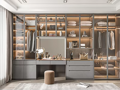 Modern Walk in Closet Design With Glass Door Cabinets Hanging Clothes And Dressing Table Mirror 3d model