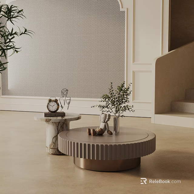 Modern Living Room Sofa and Coffee Table Set With Marble Top and Decorative Plants 3d model 