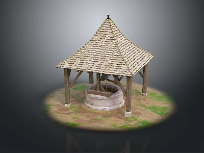 Traditional Rustic Well Structure With Thatched Roof Wooden Pillars And Stone Platform 3d model