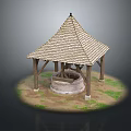 Traditional Rustic Well Structure With Thatched Roof Wooden Pillars And Stone Platform