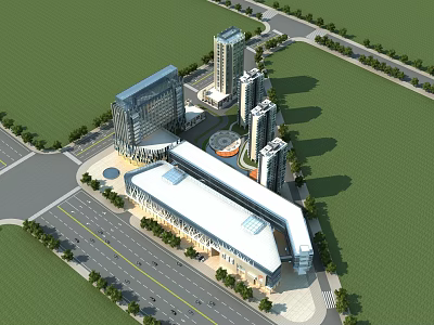 Aerial View Urban Planning With Modern Commercial Buildings Green Spaces And Roads 3d model