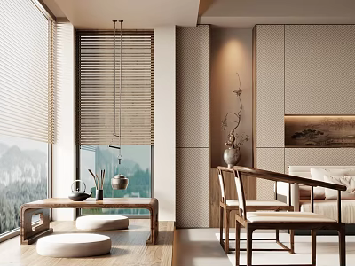 New Chinese Style Living Room Interior With Wooden Furniture And Landscape Painting 3d model