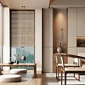 New Chinese Style Living Room Interior With Wooden Furniture And Landscape Painting