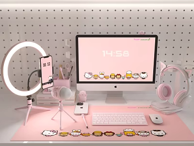Pink iMac Computer Setup With Hello Kitty Stickers Ring Light Headphones Keyboard And Mouse 3d model