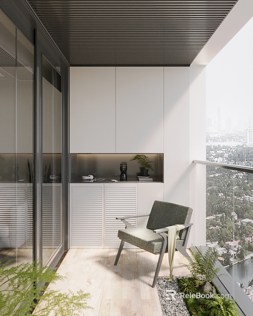 Modern Home Balcony with White Cabinets Plants Glass Door and Cozy Armchair overlooking City View 3d model 