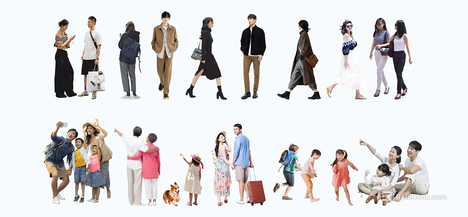 People In Daily Scenes Walking Interacting With Children Pets And Luggage 3d model 