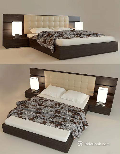 Modern Double Bed Interior With Upholstered Headboard Wooden Nightstands And Patterned Bedspread 3d model