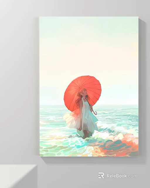Landscape Painting Of Red Umbrella Girl Standing In Seaside Ocean Waves With Soft Sky 3d model 