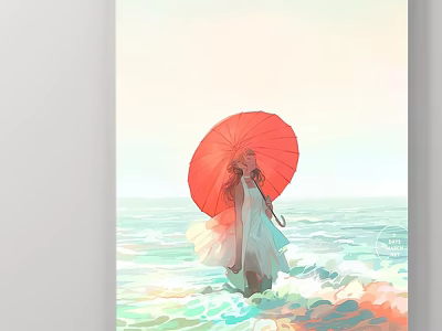 Landscape Painting Of Red Umbrella Girl Standing In Seaside Ocean Waves With Soft Sky 3d model