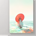 Landscape Painting Of Red Umbrella Girl Standing In Seaside Ocean Waves With Soft Sky