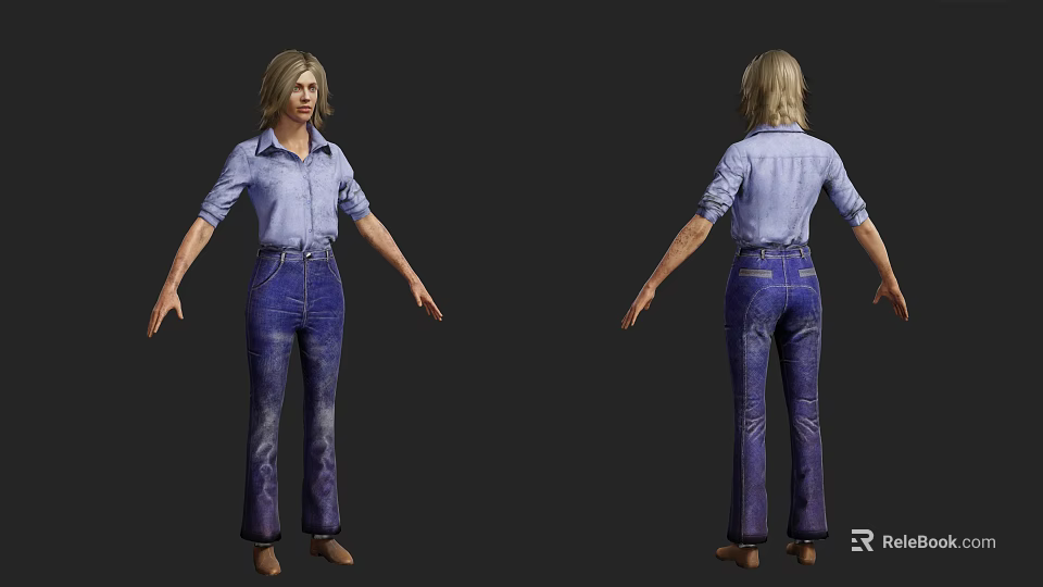 Woman In Blue Button Down Shirt And Flare Jeans Standing Front Back View 3d model 