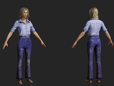 Woman In Blue Button Down Shirt And Flare Jeans Standing Front Back View 3d model