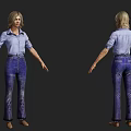 Woman In Blue Button Down Shirt And Flare Jeans Standing Front Back View