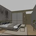 Modern Oriental Hotel Room With Landscape Painting Wooden Furniture And Soft Lighting