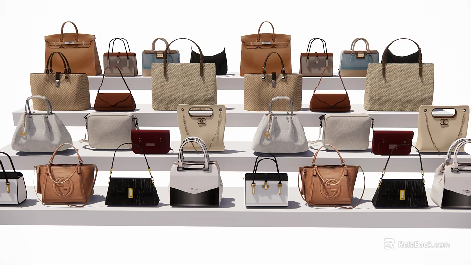 Various Stylish Handbags In Different Colors Neatly Arranged On White Shelves 3d model 