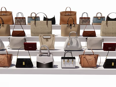 Various Stylish Handbags In Different Colors Neatly Arranged On White Shelves 3d model