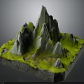 3D Rocky Mountain Landscape Model With Multiple Peaks Green Grass And Square Base