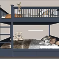 Navy Blue Bunk Bed With Ladder Stuffed Toys And Drawers In Kids Room