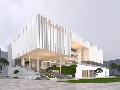 Modern White Building With Vertical Lines Stone Steps Greenery And Open Illuminated Entrance Plaza 3d model