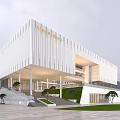 Modern White Building With Vertical Lines Stone Steps Greenery And Open Illuminated Entrance Plaza