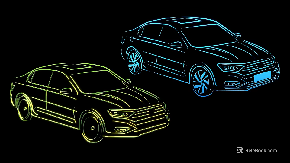 Yellow And Blue Sedan Cars With Neon Outline Design On Black Background 3d model 