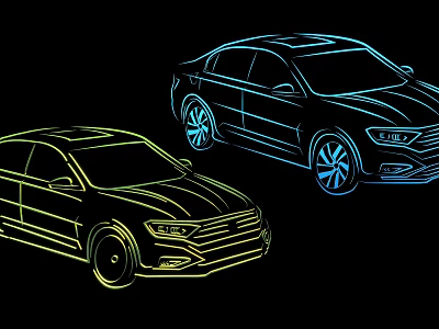 Yellow And Blue Sedan Cars With Neon Outline Design On Black Background 3d model
