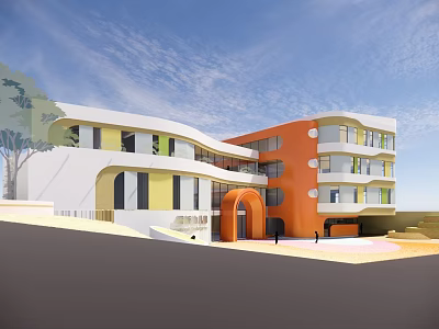 Modern Multi Storey School Building With Orange White Exterior Arched Entrance And Balconies 3d model