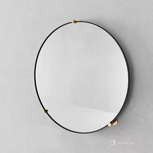 Round Decorative Mirror With Black Frame And Golden Hooks On Gray Wall 3d model 