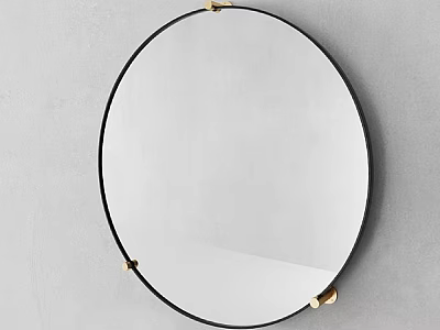 Round Decorative Mirror With Black Frame And Golden Hooks On Gray Wall 3d model