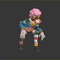Cartoon Monkey Character Featuring Pink Hair Blue Coat Striped Pants In Squatting Pose