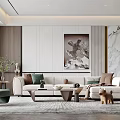 Modern Living Room With Beige Sofa Green Armchair Coffee Table Decorative Painting And Marble Rug