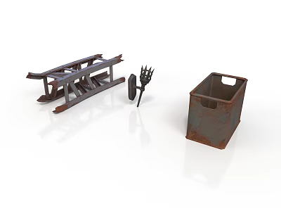 Rustic Vintage Rusted Farm Tools With Plow Fork And Metal Crate 3d model