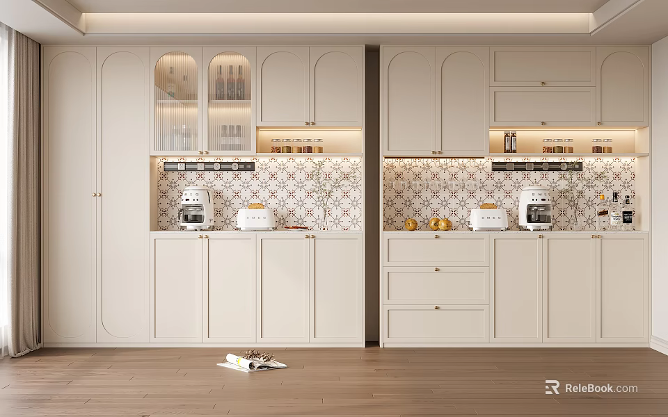 Modern Open Kitchen Sideboard Design With Glass Door Storage And Ambient Lighting 3d model 