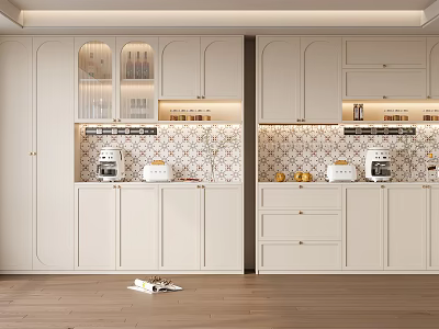 Modern Open Kitchen Sideboard Design With Glass Door Storage And Ambient Lighting 3d model