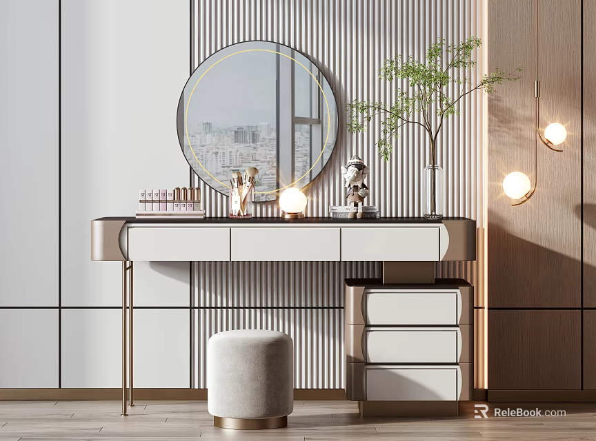 Modern Dressing Table With Round Mirror Cosmetics Green Plant Hanging Lights And Stool 3d model 