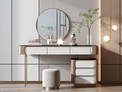 Modern Dressing Table With Round Mirror Cosmetics Green Plant Hanging Lights And Stool 3d model