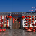 Chinese Traditional Red Lanterns Hanging On White Walls And Doorway With Fu Character Decorations