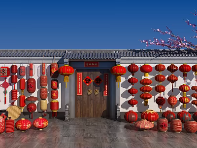 Chinese Traditional Red Lanterns Hanging On White Walls And Doorway With Fu Character Decorations 3d model